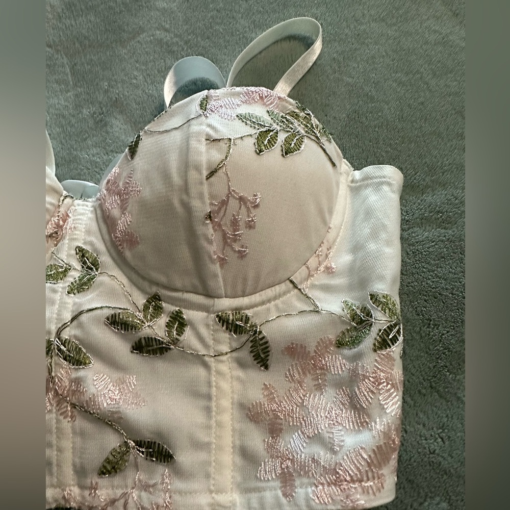 Shein small crop top, white with green and pink floral embroidery. - Picture 3 of 11